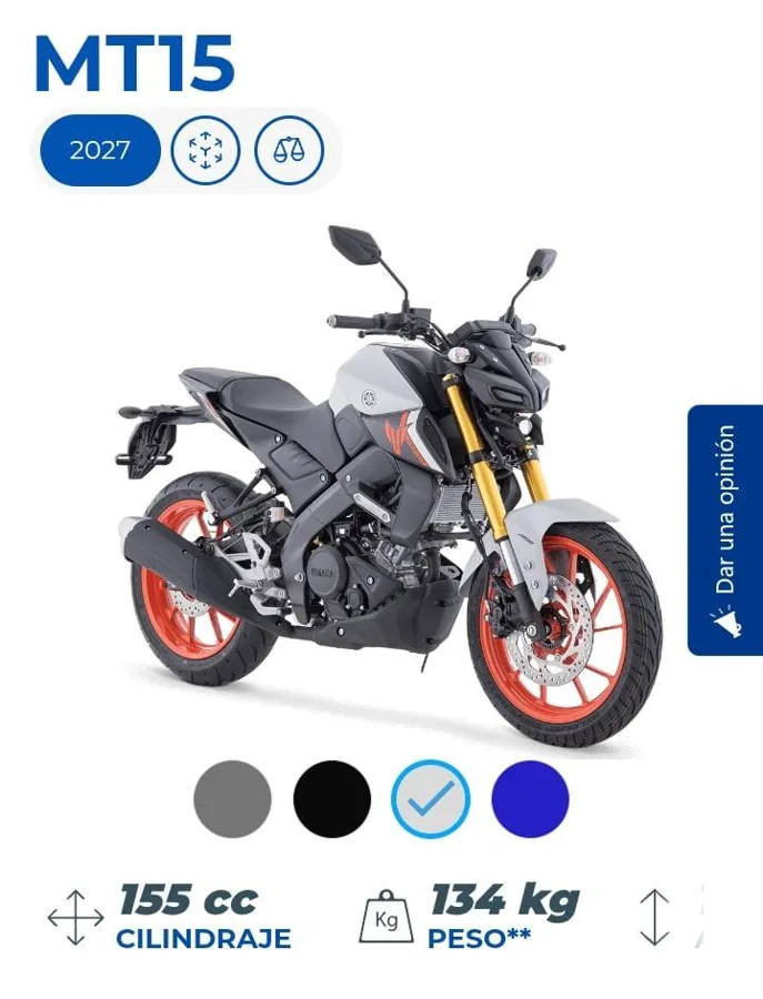 Yamaha MT15 gris con rines naranja, naked deportiva, modelo 2027