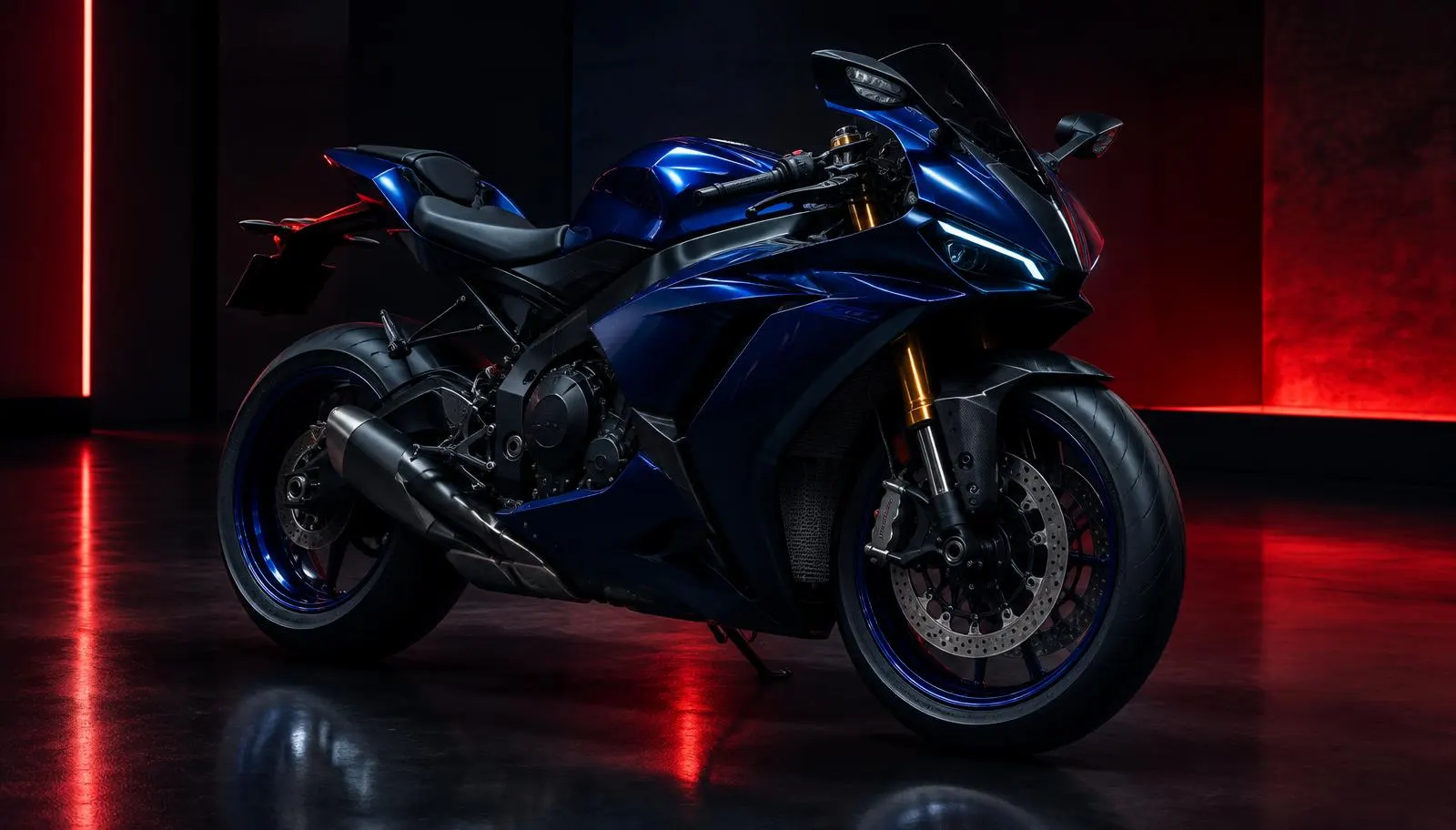 Motocicleta deportiva azul en exhibición con iluminación roja