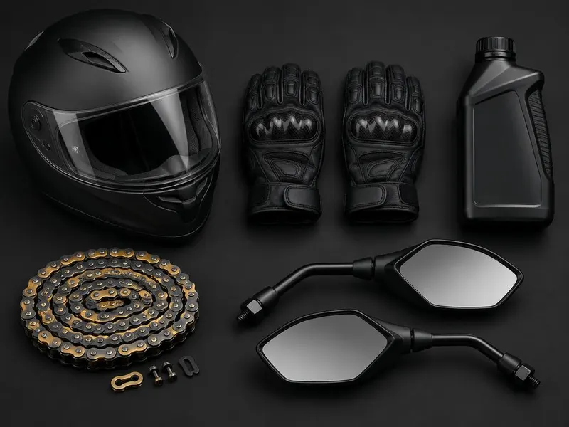 Casco, guantes, cadena, aceite y espejos para motocicleta